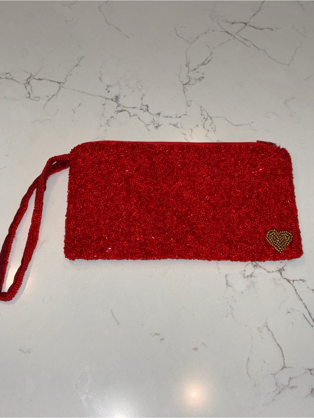 Tiana Red Beaded Evening Wristlet Clutch with Gold Heart Accent Glamorous Bag!